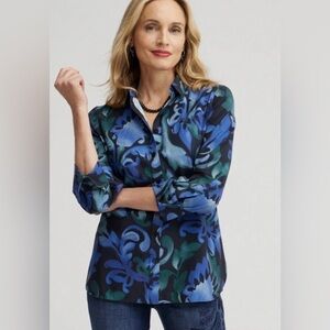 Chico's Blue and Green Floral No Iron Stretch Button Down Shirt Size 4(20)